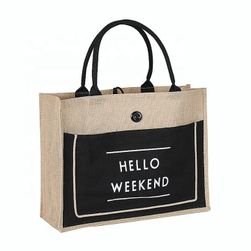 Wholesale Black Handle Reusable Bags Front Canvas Pocket Tote Jute Shopping Bag with Customized Logo